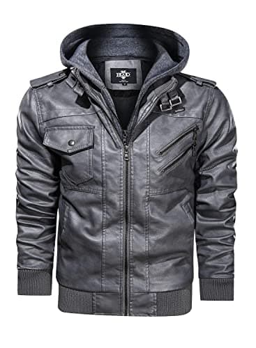 HOOD CREW Men's Casual PU Faux Leather Zip-Up Bomber Jacket with Removable Hood
