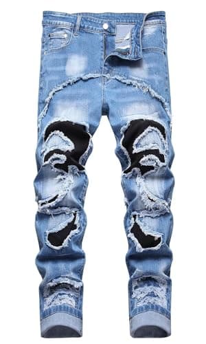 HENGAO Men's Slim Fit Ripped Denim Jeans
