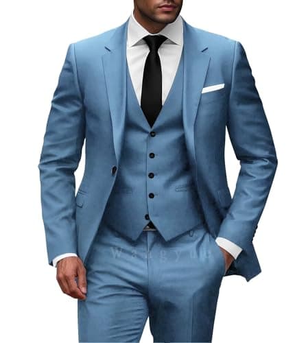 Wangyue Men Slim Fit 3-Piece Solid Wedding Suit Single Breasted Blazer Vest Pants Set