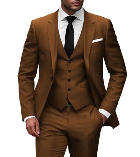 Wangyue Men Slim Fit 3-Piece Solid Wedding Suit Single Breasted Blazer Vest Pants Set