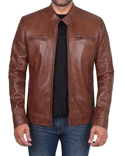 Decrum Mens Cafe Racer Style Real Lambskin Leather Jacket