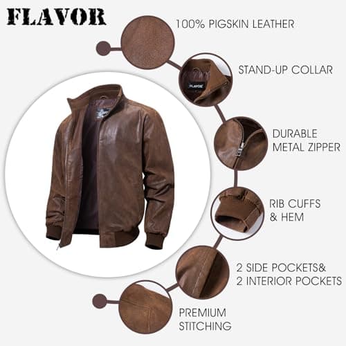FLAVOR Men's Real Leather Bomber Casual Jacket