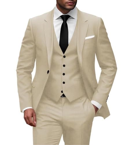 Wangyue Men Slim Fit 3-Piece Solid Wedding Suit Single Breasted Blazer Vest Pants Set