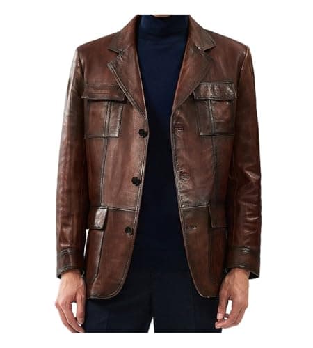 Soft Italian Lambskin Leather Mens Vintage Brown Blazer with Button Closure