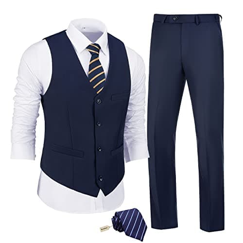 JPF Men's Slim Fit Suit Set - Solid Vest & Pants with Tie