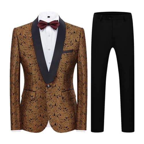 KUDORO Mens Slim Fit Formal Floral Tuxedo Suit Set for Wedding Dinner Party
