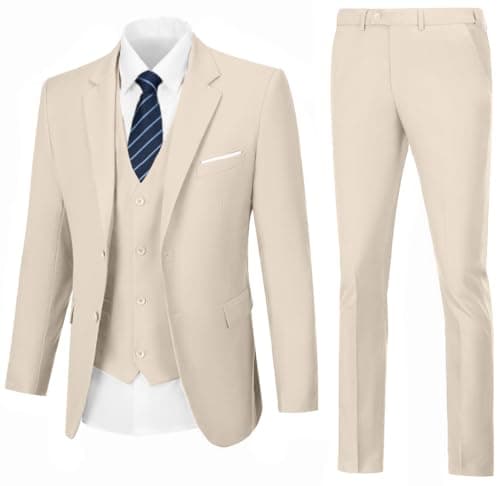 WOMS Mens Slim Fit 3 Piece Suit Set 2 Button Blazer Vest Pants
