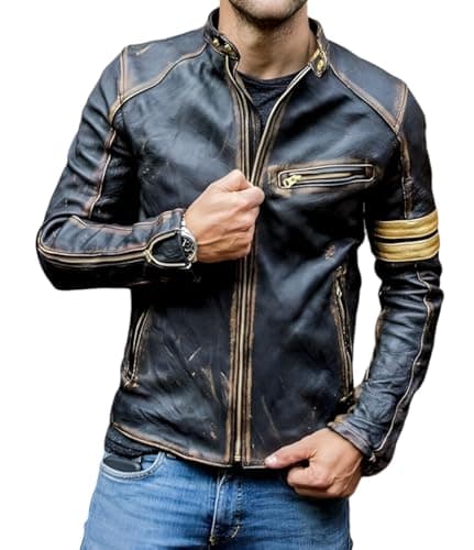 Genuine Lambskin Distressed Black Leather Jacket for Men - Café Racer Style