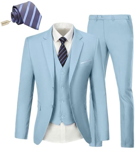 KLAYOVE Men's Slim Fit 3-Piece Wedding Tuxedo Set with Blazer, Vest, Pants, and Tie