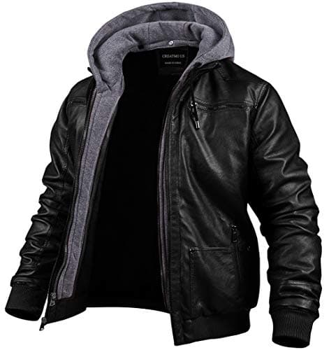 Men's Faux Leather Motorcycle Jacket with Removable Hood