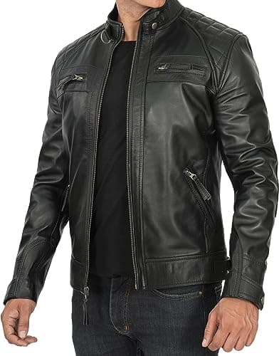 Men's Quilted Cafe Racer Leather Jacket by Blingsoul