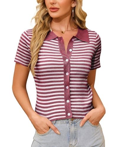 WULFUL Women's Short Sleeve Striped Pullover Cardigan Ribbed Knit V-Neck Top