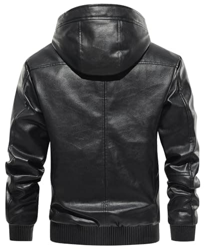 MANSDOUR Men's Warm Black Fleece Lined Motorcycle Jacket with Hood
