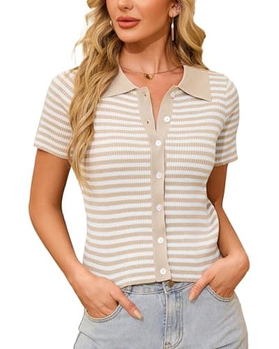 WULFUL Women's Short Sleeve Striped Pullover Cardigan Ribbed Knit V-Neck Top