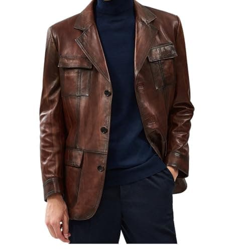 Soft Italian Lambskin Leather Mens Vintage Brown Blazer with Button Closure