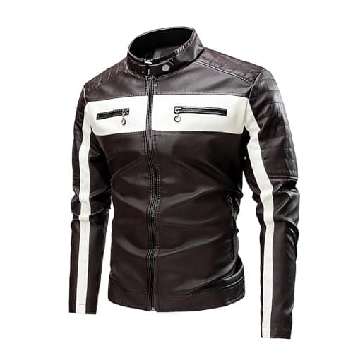 Mens Lightweight Color Block Faux Leather Racing Jacket Stand Collar