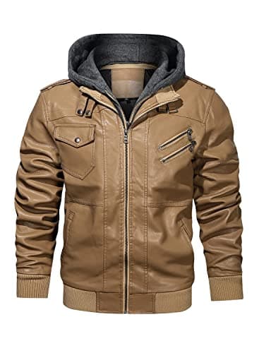 HOOD CREW Men's Casual PU Faux Leather Zip-Up Bomber Jacket with Removable Hood