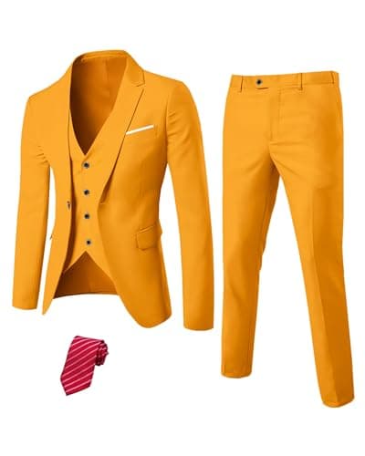 YND Men's Slim Fit 3 Piece Suit Set with One Button Blazer Vest Pants & Tie