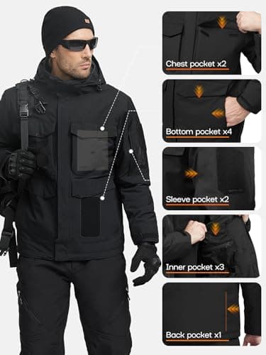 FREE SOLDIER Men's Waterproof Winter Ski Jacket with Detachable Hood and Multiple Pockets