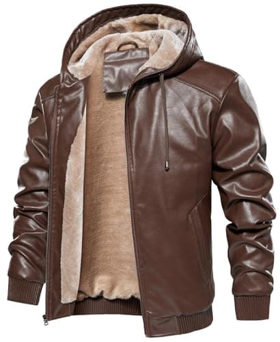 MANSDOUR Men's Warm Black Fleece Lined Motorcycle Jacket with Hood