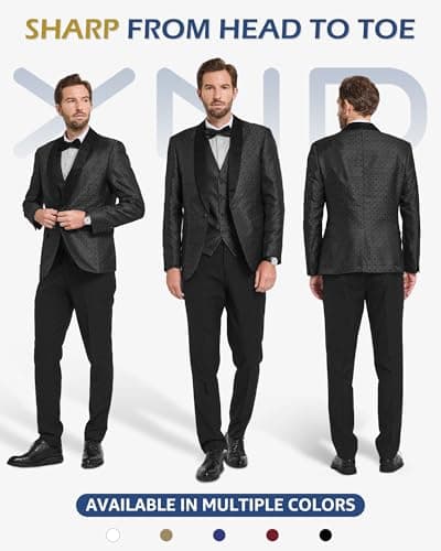 YND Men's Slim Fit Tuxedo Set with Floral Jacket Vest Pants & Bow Tie