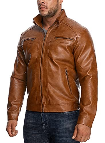 Men's Stand Collar Faux Leather Motorcycle Jacket by HOOD CREW