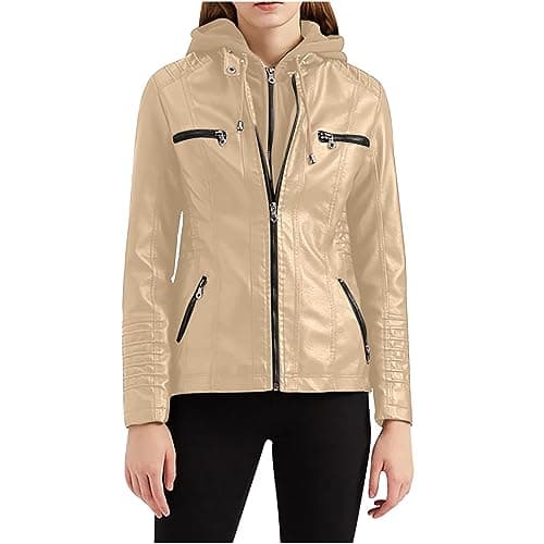 YMADREIG Women's Faux Leather Zip-Up Hooded Moto Jacket
