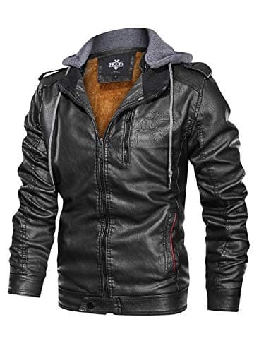 HOOD CREW Men's Faux Leather Zip-Up Motorcycle Jacket with Removable Hood