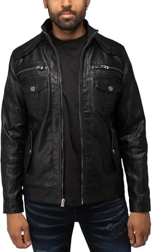 X RAY Men's Hooded PU Leather Jacket, Black, Large