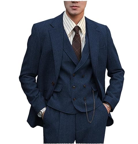 Tuikayoo Mens Formal Tweed Wool 3 Piece Slim Fit Suit Prom Tuxedo Groomsmen