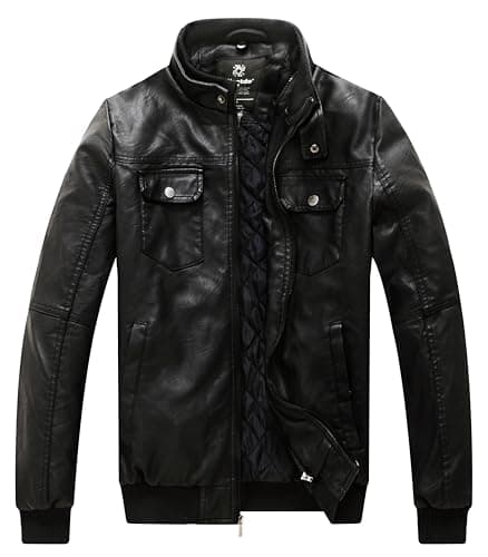 wantdo Men's Windproof Faux Leather Motorcycle Bomber Jacket Slim Fit Winter Coat