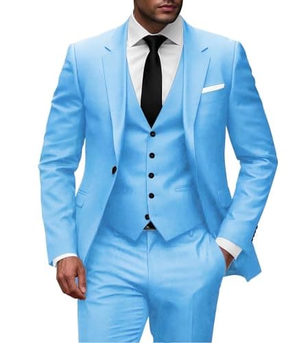 Wangyue Men Slim Fit 3-Piece Solid Wedding Suit Single Breasted Blazer Vest Pants Set