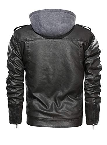 HOOD CREW Men's Faux Leather Zip-Up Motorcycle Jacket with Removable Hood