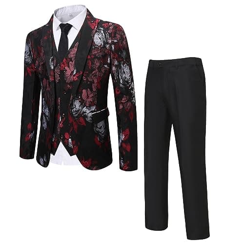 Cloudstyle Men's Modern 3-Piece Suit Blazer Vest Pants Floral Notched Lapel
