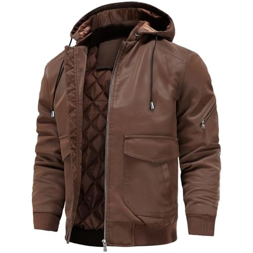 UNTMENU Men's Stand Collar Zip-Up Leather Motorcycle Jacket With Hood