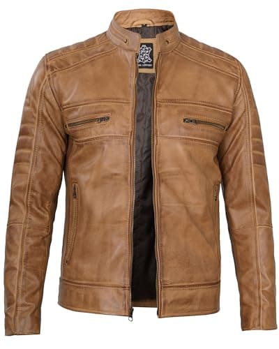 Cafe Racer Leather Jacket Men - Real Lambskin Natural Grain Motorcycle Jacket