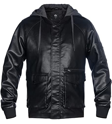Whattry Men's Padded Faux Leather Windbreaker Jacket with Hood
