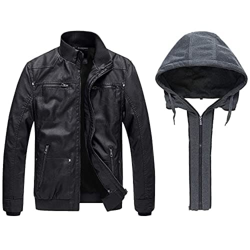 Wantdo Men's Faux Leather Hooded Motorcycle Jacket Warm Winter Coat