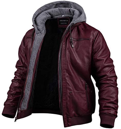 Men's Faux Leather Motorcycle Jacket with Removable Hood