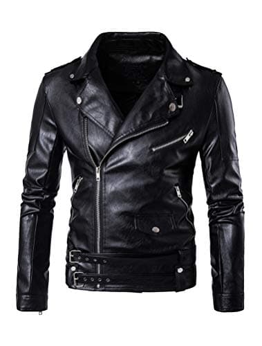 PASOK Men's PU Leather Zipper Biker Jacket with Belt