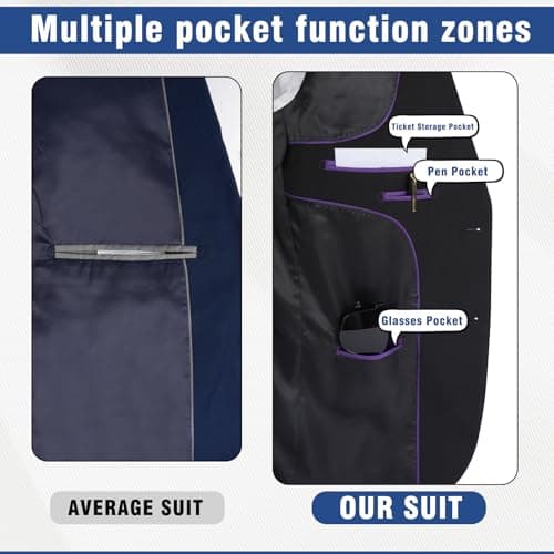 DEETRUST Men's Slim Fit 3 Piece Suit Set with Blazer and Multi-Functional Pockets