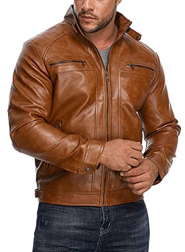 Men's Stand Collar Faux Leather Motorcycle Jacket by HOOD CREW
