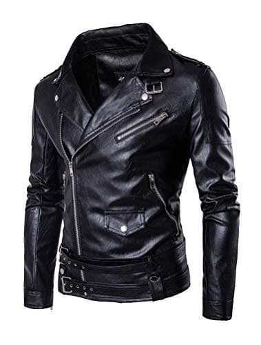 PASOK Men's PU Leather Zipper Biker Jacket with Belt