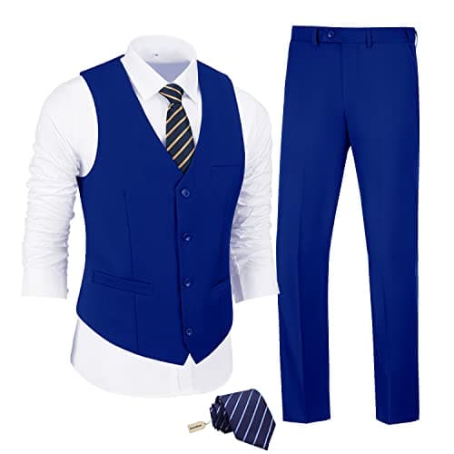 JPF Men's Slim Fit Suit Set - Solid Vest & Pants with Tie