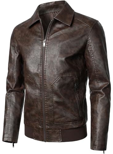 HOOD CREW Men's Faux Leather Bomber Jacket Classic Motorcycle Style