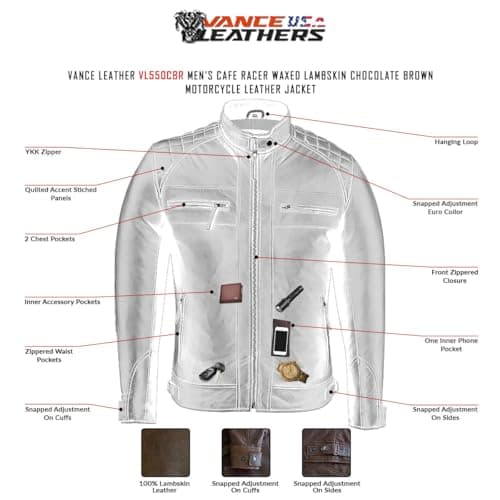Vance Leather Austin Brown Men's Waxed Lambskin Cafe Racer Motorcycle Jacket