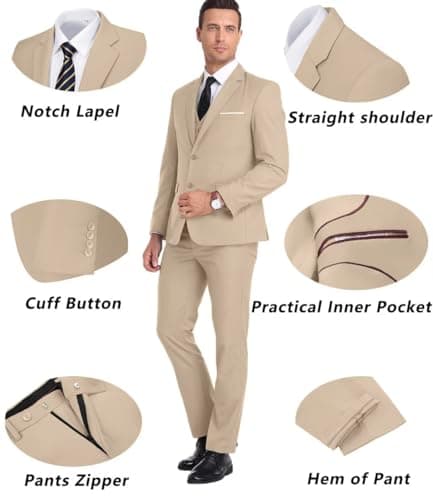 KLAYOVE Men's Slim Fit 3-Piece Wedding Tuxedo Set with Blazer, Vest, Pants, and Tie