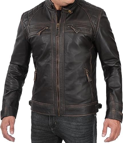 Men's Quilted Cafe Racer Leather Jacket by Blingsoul