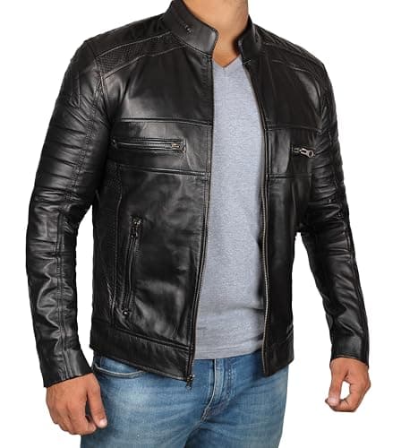 Decrum Men's Black and Brown Leather Motorcycle Jacket