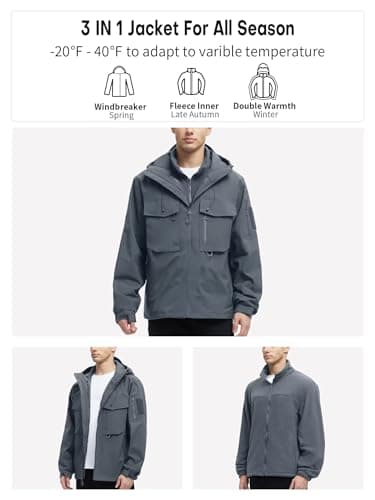 Rejork Men's 3-in-1 Waterproof Winter Ski Jacket with Windbreaker and Thermal Fleece Liner